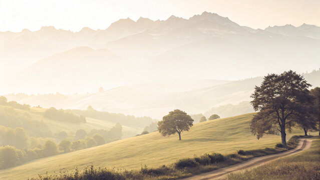 Misty mountain landscape at sunrise with trees, green fields, and a view of the rural countryside