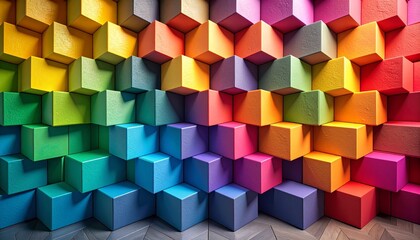 Obraz premium Stacked color-blocked foam cubes forming a zigzag wall pattern with soft matte textures under low-key lighting 