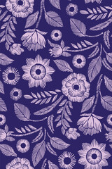 Floral Seamless Pattern with Embroidered Flowers and Leaves Vector