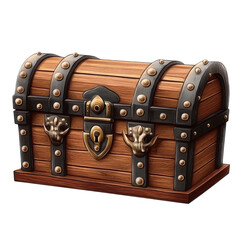 treasure chest illustration, wooden pirate box with golden details.