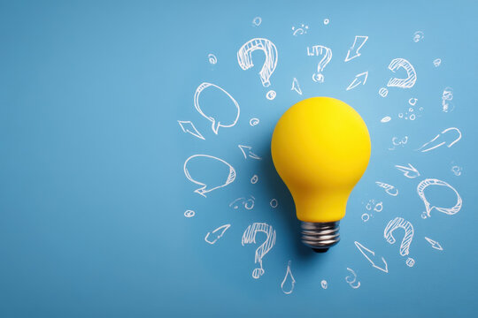 Yellow light bulb with creative white doodles on blue background symbolizing ideas - Powered by Adobe