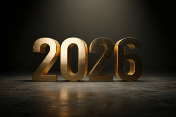 Golden 3d numbers 2026 on matte black floor with dramatic spotlight