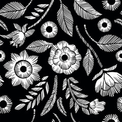 Floral Seamless Pattern with Embroidered Flowers and Leaves Vector