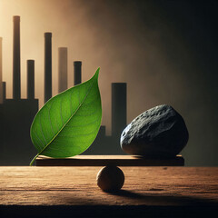 Green leaf and gray stone balanced on a wooden surface with blurred vertical bars in the background, symbolizing balance and nature concepts.