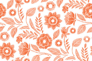 Floral Seamless Pattern with Embroidered Flowers and Leaves Vector