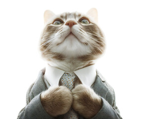 A cat wearing a suit and tie looking up with its paws clasped together against a black background isolated white background