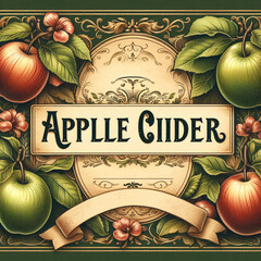 Vintage style label with apples and apple cider text surrounded by green and red apples and leaves on a decorative background.