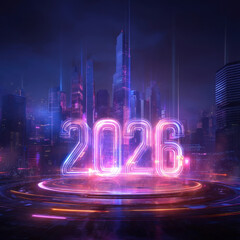 Fototapeta premium Futuristic chrome 2026 digits floating above neon-lit high-tech platform