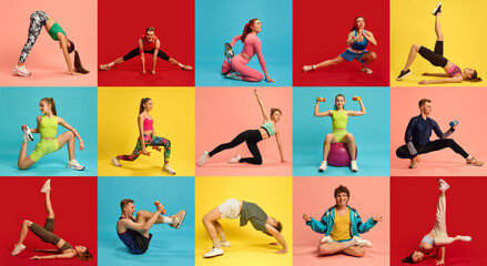 Collage. Young people in bright fitness outfits perform stretching, squats, balance, and strength exercises on vibrant backgrounds, promoting fun aerobic training. Concept of sport, healthy lifestyle