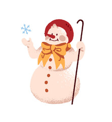 Happy snowman is decorated with Xmas ribbon bow and holds snowflake. Cute Christmas snow character stands with cane and smiles. New Year and winter holidays. Flat isolated vector illustration on white