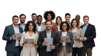 Diverse group of business professionals smiling and holding tablets in a studio setting shot on transparent background