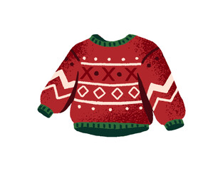 Ugly sweater with traditional Christmas pattern. Cozy red pullover with rustic ornament for celebration winter holiday. Xmas clothes, knitted jumper. Flat isolated vector illustration on white