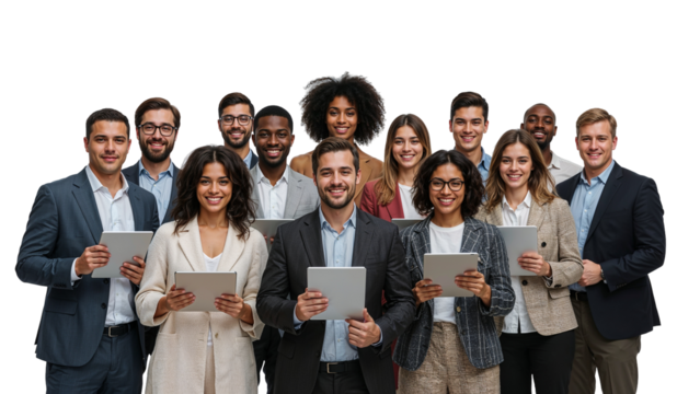 Diverse group of business professionals smiling and holding tablets in a studio setting shot on transparent background - Powered by Adobe