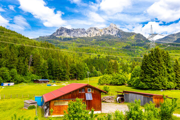 Fototapeta premium Alpine landscape panorama huts hut at Säugling Saeugling mountain Austria.