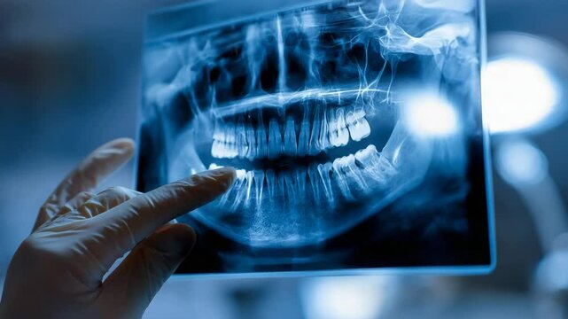 A dentist's hand pointing at a panoramic dental X-ray showing a detailed view of teeth and jawbones in a medical setting.