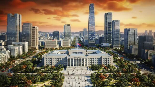 Stunning Aerial View of Pyongyang Cityscape at Sunset with Grand Monument
