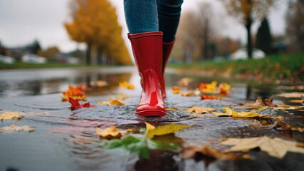Close-up of legs in red rubber boots walking through a puddle on a wet street covered with fallen autumn leaves. Reflections of trees, rainy weather. Video on the topics of autumn, rain