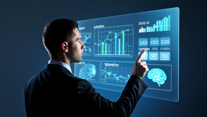 Businessman interacts with a futuristic holographic interface displaying graphs and data