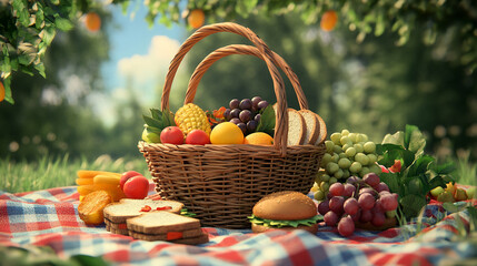 A woven picnic basket filled with fresh fruit on a picnic blanket with a sunny day of a park in the background