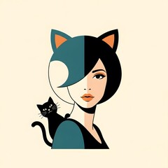 Cat-Eared Elegance: A captivating artistic depiction of a woman adorned with cat-like ears, accompanied by a sleek, black feline companion, embodies an air of mystique and playful charm.