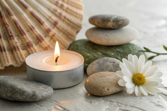 Peaceful spa setting with a lit tea candle, smooth pebbles, white daisy, and natural seashell on a marble surface. Perfect for wellness, balance, and nature visuals