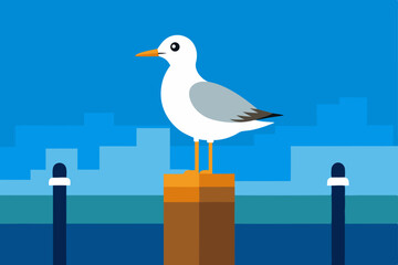 Obraz premium Seagull Perched on a Post Coastal Cityscape Illustration