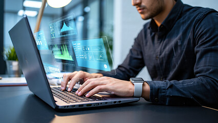 Businessman Analyzing Data on Laptop with Holographic Interface