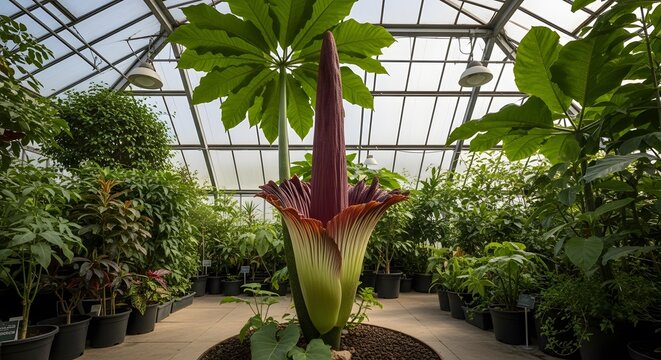 Titan Arum in Botanical Haven: A towering titan arum plant, its massive bloom a spectacle of nature's artistry, thrives in a well-lit botanical garden. surrounded by other flourishing flora.