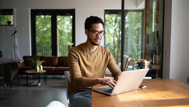 Focused young man working from home on laptop
