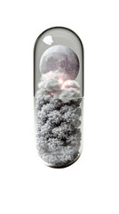 A capsule filled with clouds and a moon inside against a black background in a surreal composition isolated white background
