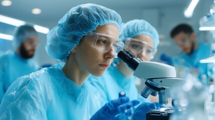 Medical researchers working in a laboratory setting analyze samples under a microscope during a research project