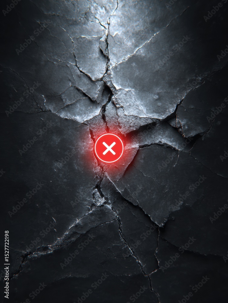 Poster Error Icon Floating Above Cracked Dark Surface With Clean Top Zone Creating a Striking Contrast and a Sense of Digital Malfunction