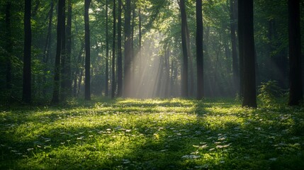 Obraz premium serene forest glade illuminated by soft morning light, Generative AI