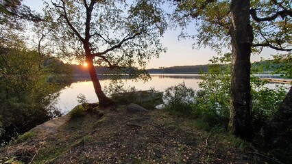 A sunrise lake in the morning silence. A boat gently floats on the calm water among the trees,...