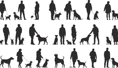 Pet Owner and Dog Silhouette Collection: 20 Dynamic Walking Poses for Animal and Human Interaction Design