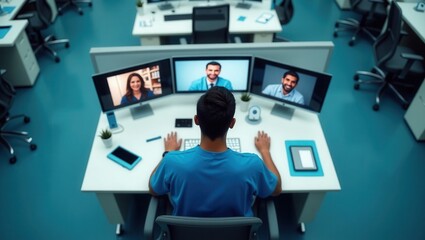 Man participating in a virtual meeting with colleagues on multiple screens in a modern office setting