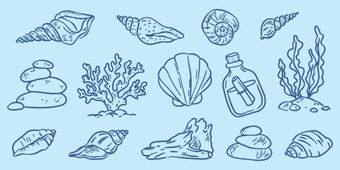 Hand drawn sea doodle set with shells, coral, seaweed, rocks, and bottle. Nautical vector sketch on light blue background