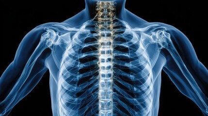Detailed blue x-ray reveals a healthy human spine, highlighting the vertebrae and bone structure with translucent muscle tissue on a stark black background.
