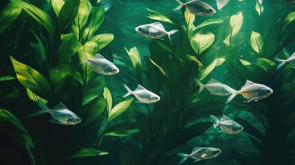 School of silver fish swim amongst lush aquatic plants