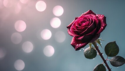 Close-up of a red rose with water droplets on petals against a soft bokeh background