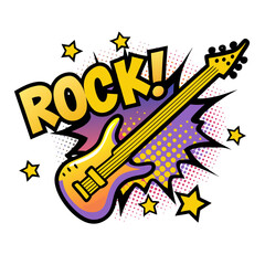 Colorful electric guitar illustration with "ROCK!" in comic style, Isolated vector image on transparent background 