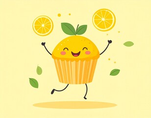Happy Dancing Lemon Muffin Character Dancing on a Yellow  Background 
