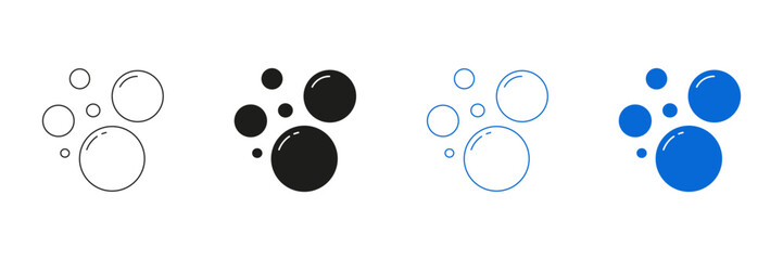Rising Soap Bubbles And Carbonated Foam Line And Solid Icon Set. Water Droplets And Air Effervescence Symbol Collection. Isolated Vector Illustration