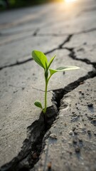 Vibrant green sprout breaking through a crack in a dry, grey concrete surface. The image highlights the powerful contrast between new life and the sterile environment.