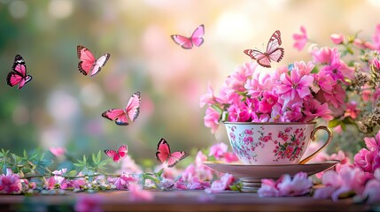 A delicate teacup filled with pink flowers, surrounded by butterflies and springtime blossoms