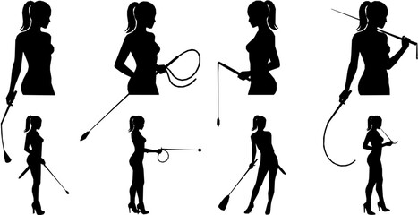 Young sexy woman standing with a whip. flat vector silhouette
