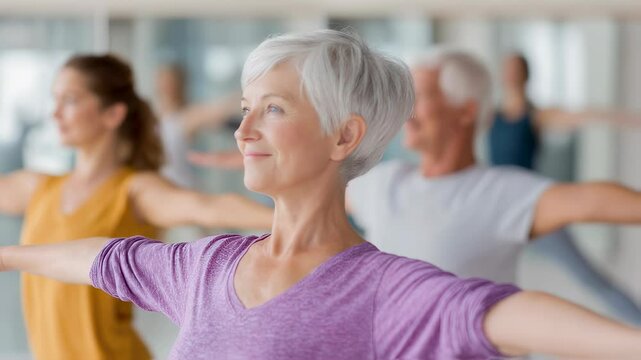 A senior woman with short white hair participates in a group fitness class, performing gentle exercises for healthy living and active aging. Video footage.