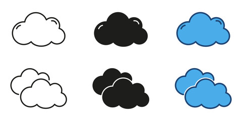 Cloud weather line and solid icon set. Illustrations of different cloud types with various weather conditions like rain and sun. Meteorology symbol collection. isolated vector illustration