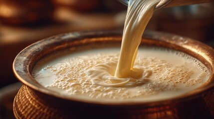 Traditional bronze bowl being filled with fresh milk creating creamy foam and soft ripples in warm golden light, ideal for dairy branding, traditional recipes and wholesome food visuals