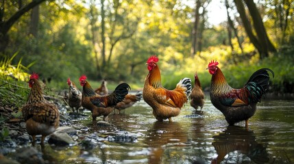 Naklejka premium Colorful chickens in a woodland stream